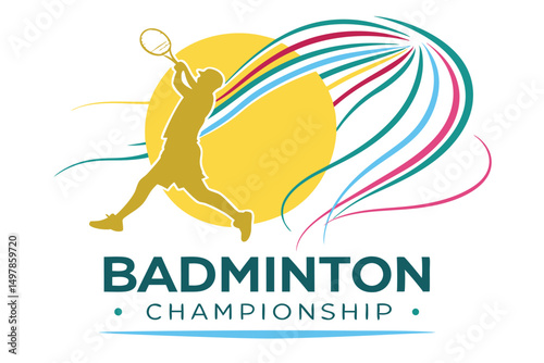 Badminton Championship Logo with Player Silhouette, Shuttlecock Trails, Energetic Design, Tournament Artwork for Branding.