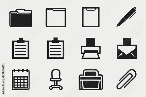 Twelve black vector office icons design set including folder and file icons