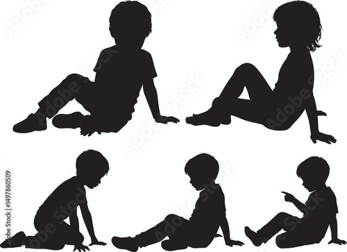 Children sitting together silhouette vector illustration