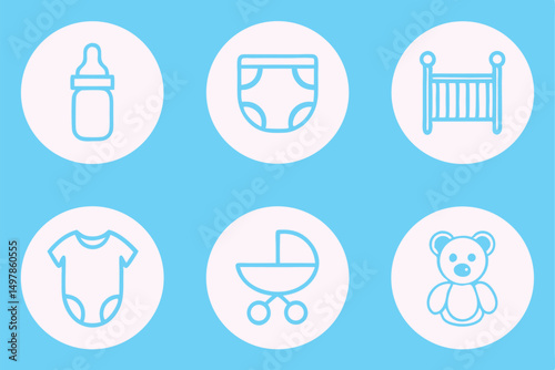 Twelve high quality baby care icons featuring bottle pacifier and other essential items for infant care