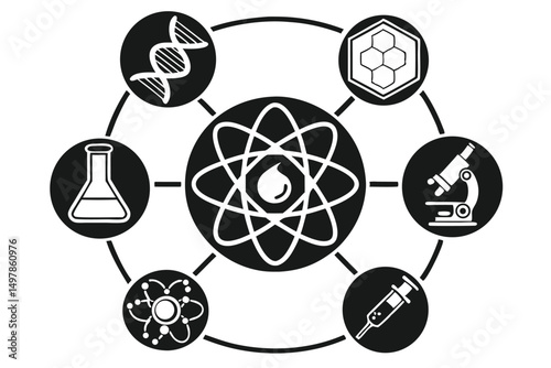 Abstract Science and Research Concept with DNA, Atom, Microscope, Flask, Injection and Molecular Structure in Black and White.