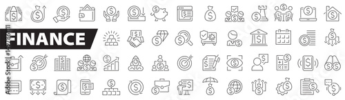 Finance icon set. Money and Payment icon set. Loan, cash, saving, financial goal, profit, budget, mutual fund, earning money, financial report, pay, banking and more. Vector illustration