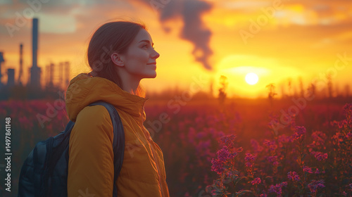 Golden Sunset contemplation: A woman, lost in thought, gazes towards a fiery sunset with industrial complex backdrop, in a beautiful field filled with flowers