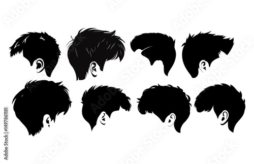 Hair Silhouette Collection: A detailed series of eight male hair silhouettes, each showcasing a unique style, meticulously crafted with sharp lines, and bold contrasts, is perfect for design resource.