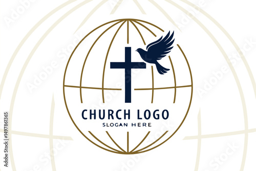 Church Logo Design Featuring Cross, Dove, and Globe Illustration for Religious Organizations and Christian Ministries.