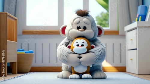 Fluffy cartoon character embraces plush toy in a bright, cozy room with colorful furniture and soft light, creating a heartwarming atmosphere for viewers