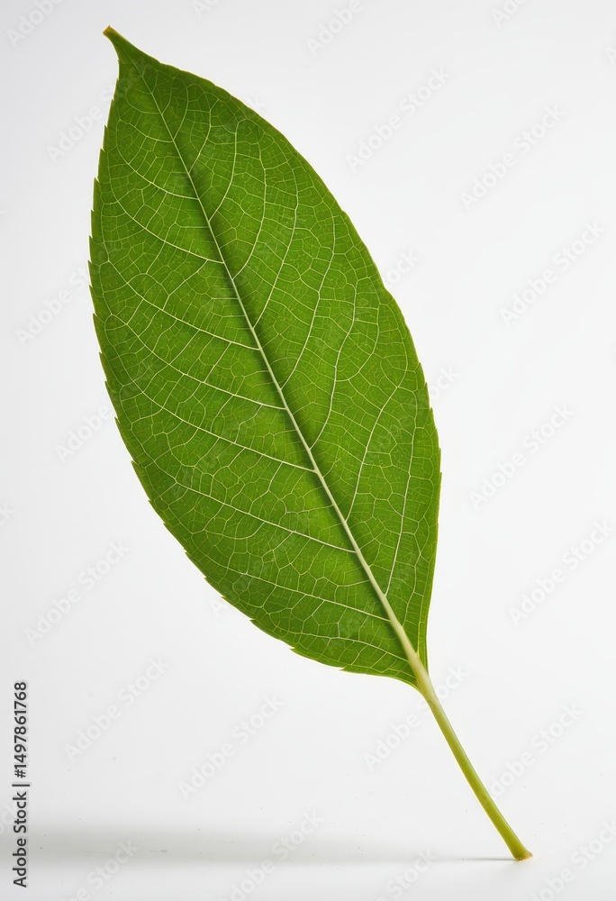 Obraz premium Fresh green leaf on a white background, perfect for nature and botanical themes.
