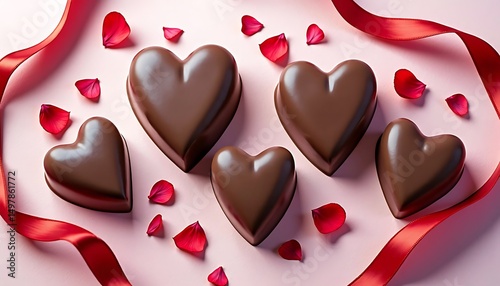 Heart-shaped Chocolates: Exquisite heart-shaped chocolates are elegantly arranged with delicate rose petals and a silken ribbon, creating a sensory indulgence, perfect for Valentine's Day.