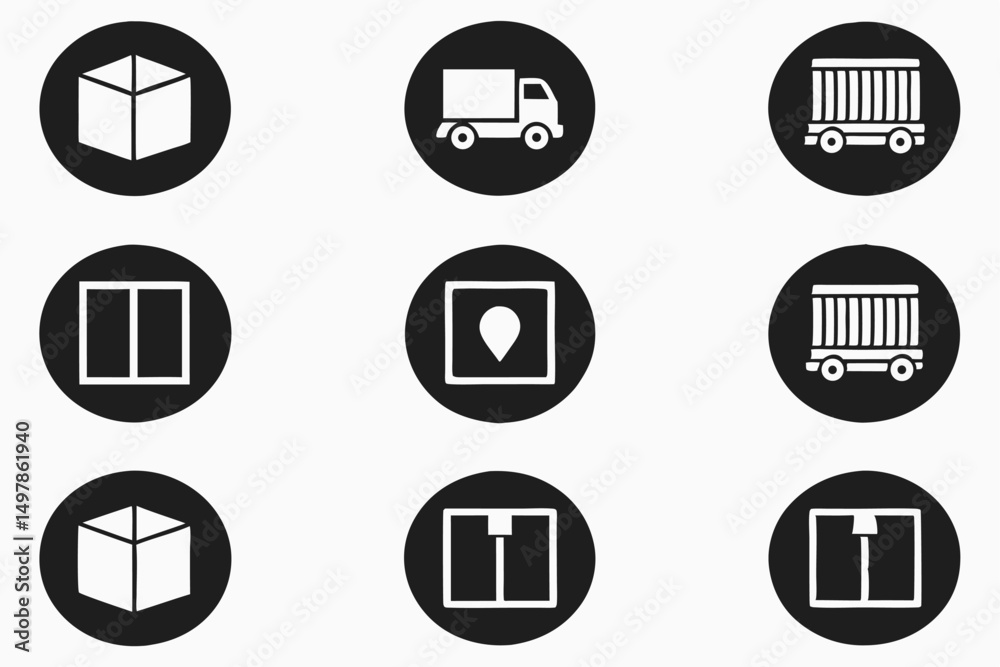 Twelve black delivery and logistics icons for website and app design