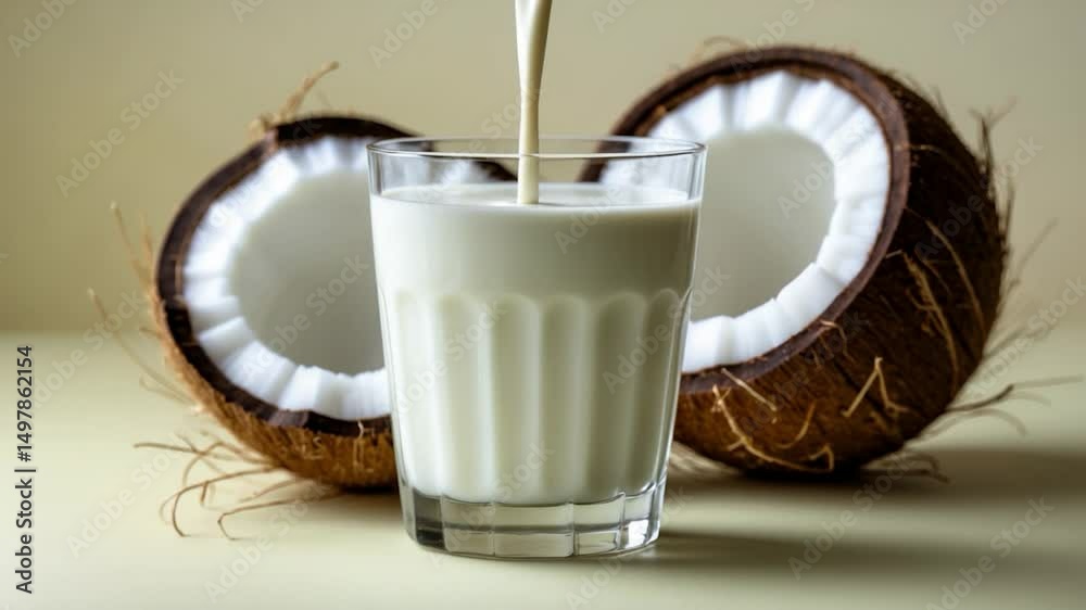A glass containing coconut milk set on a background