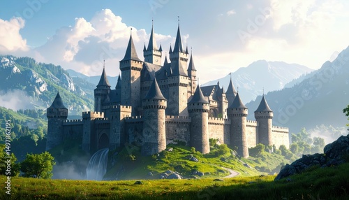 Majestic Fortress Surrounded by Lush Landscape and Towering Mountains