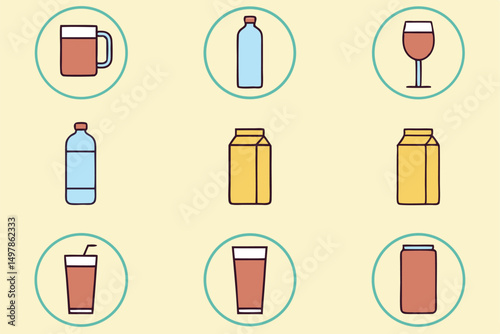 Twelve high quality beverage icons coffee tea water juice milk soda beer wine cocktail