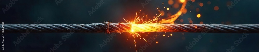 Obraz premium A frayed electrical wire, sparking and about to ignite, symbolizes the volatile nature of pent-up aggression and the potential for sudden eruption of violence , risk, breaking point