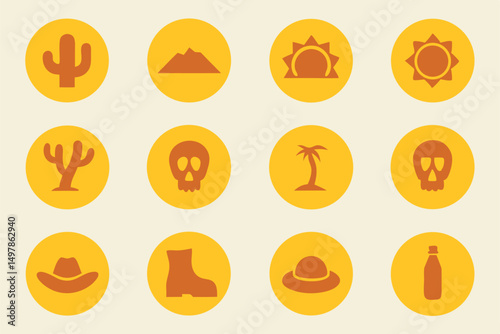 Twelve desert themed icons featuring cactus sand dune sun and other related elements
