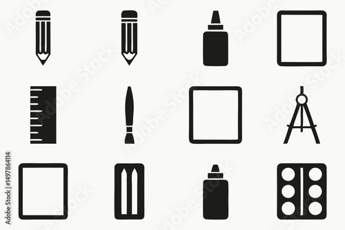 Twelve black icons depicting essential art tools pencil eraser brush and more