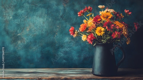 Autumn Flowers in Dark Pitcher Rustic Still Life