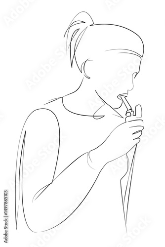 One continuous single drawing line art flat doodle cigarette, smoke, girl, hand, woman, smoking. Isolated image hand draw contour on a white background, hand drawn, not AI