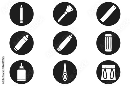 Twelve black icons depicting essential art tools pencil eraser brush and more