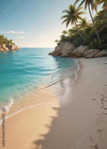 Golden sand, turquoise water, lush island backdrop,  sky,  shore,  relaxing