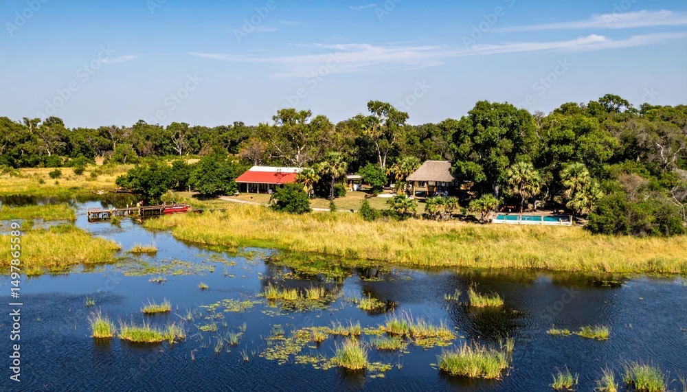 Obraz premium Scenic Lodge Overlooking Okavango Delta Wetland in Botswana