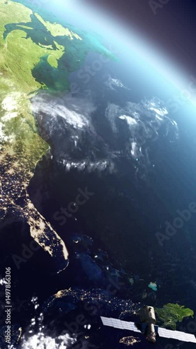 Space earth technology. America in the night and day in planet earth from outer space 3d modeling animation. 3d render