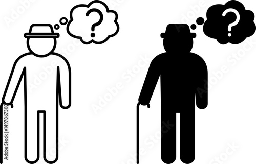 Dementia Icons. Black and White Vector Illustrations. Old Man and Question Mark. Loss of Memory, Thinking, and Reasoning. Mental Health Concept