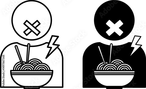 Eating Disorder Icons. Black And White Vector Illustrations. Restriction In Food And Overeating. Person Experiencing Emotional Discomfort. Mental Health Concept