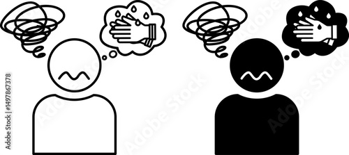 Obsessive Compulsive Disorder Icons. Black and White Vector Illustration. Mental Disorder, Obsessive Thoughts and Rituals, Anxiety. Man Washes Hands Often, Fear of Germs. Mental Health Concept