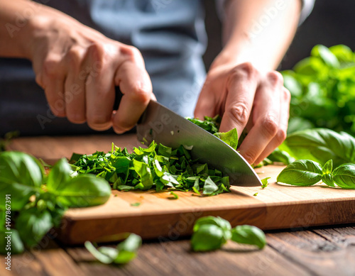 Green herbs like basil are being chopped finely on a wooden surface, releasing their fresh aromatic fragrance.