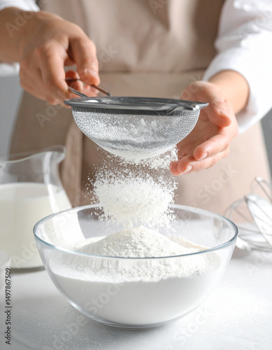 Fluffy white flour is being sifted through a metal sieve into a glass bowl, preparing for baking.