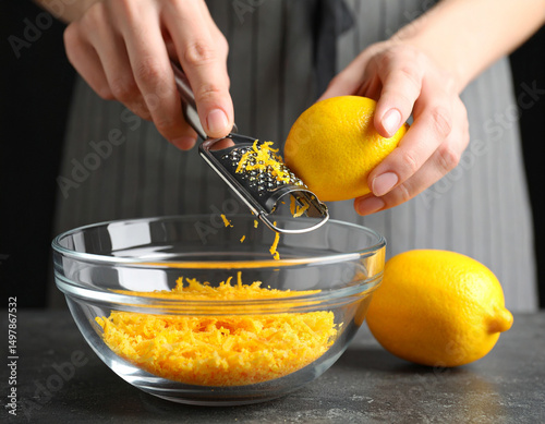фотографія Bright yellow lemon zest is being grated with a zester over a clear glass bowl, adding citrus flavor