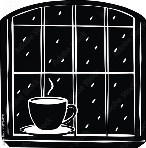 Rainy Window And Coffee Cup Silhouette