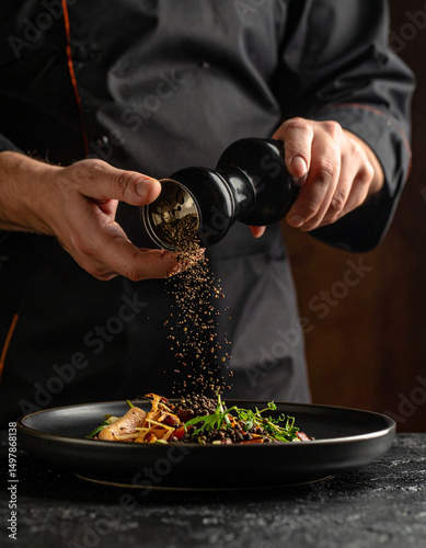 Fototapeta Naklejka Na Ścianę i Meble -  Crushed black peppercorns are being sprinkled over a dish from a glass grinder, adding spice.