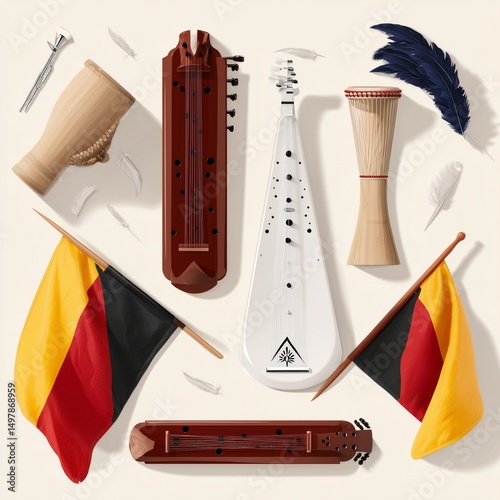 German Flag with Traditional Musical Instruments, German Flag with Cultural Music Art, German Flag with Folk Music Heritage
