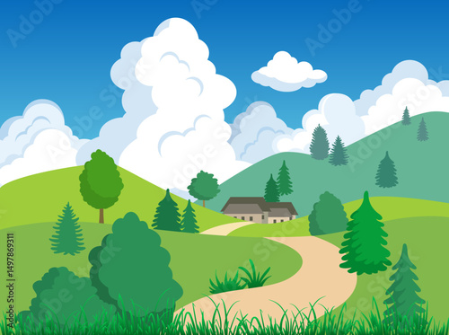 Cartoon nature background green hills, forest trees, fluffy clouds in blue sky. Rural road in the mountains. Beautiful nature scenery colorful art flat design. Environment background vector illustrati
