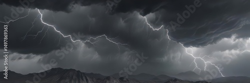 Turbulent grey clouds, jagged lightning streaks, ominous overcast ,  atmospheric pressure,  nature
