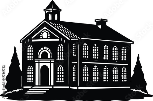 Classic school building black and white illustration