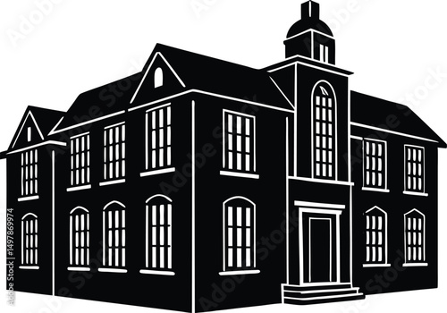 Classic school building black and white silhouette illustration