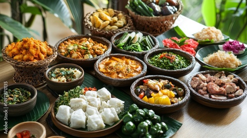 Indonesian Cuisine Diverse Dishes in Rustic Bowls, Food Photography, Culinary Concept Indonesian food, Asian cuisine photo