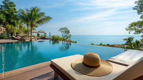 Infinity Pool Villa Ocean View, Sun Hat on Lounger, Tropical Getaway, Poolside Relaxation Luxury Villa, Vacation