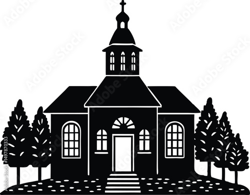 Black silhouette church building with trees landscape