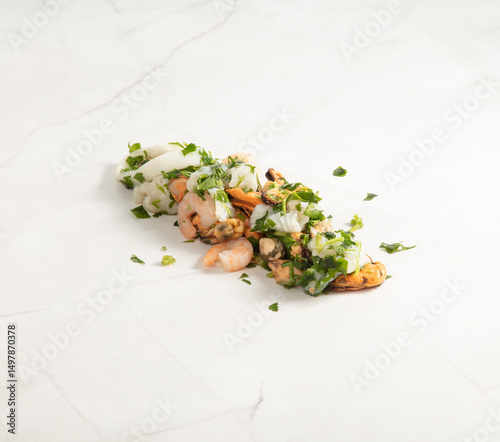Fresh seafood mix featuring shrimp mussels squid and herbs on white marble – High Resolution Raw Meat Image for Food Industry or Food Packaging