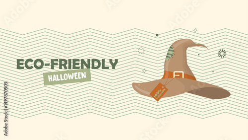 Eco-Friendly Halloween Witch Hat with Local Tag. sustainable witch hat with local product tag. environmentally conscious Halloween celebrations and locally sourced decorations. Vector illustration