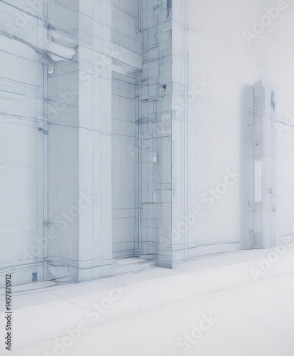 Faded blue architectural blueprint lines on white background ,  print,  draft