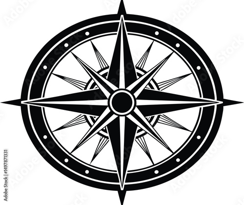 Nautical compass rose star design black white graphic