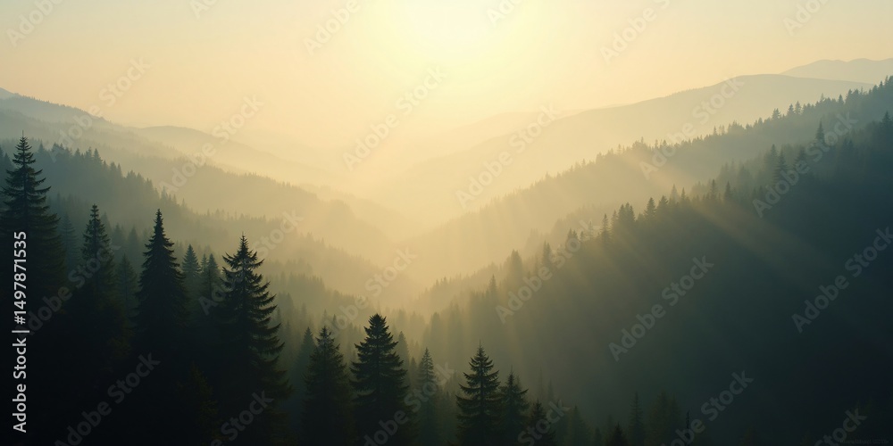 Obraz premium a panoramic view of a pine forest valley in early morning fog