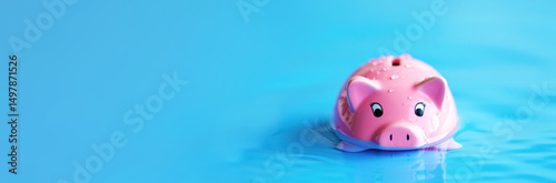 Pink piggy bank floating in water on blue background for use in finance crisis, savings loss, bankruptcy, insurance, and economic risk-related designs, banner, copy space photo