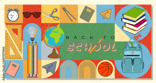 Colorful flat lay illustration with school supplies and icons including globe, books, backpack, pencils, and basketball, with "Back to School" text on a green chalkboard background.
