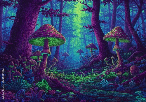 A psychedelic mushroom forest filled with hallucinogenic psilocybin mushrooms in a colorful light-like display. Generative AI