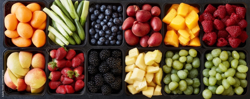 Rainbow Fruit Platter 12 Compartment Tray, Overhead View, Vibrant Colors, Healthy Snack, Fruit Arrangement Fruit platter, healthy snack